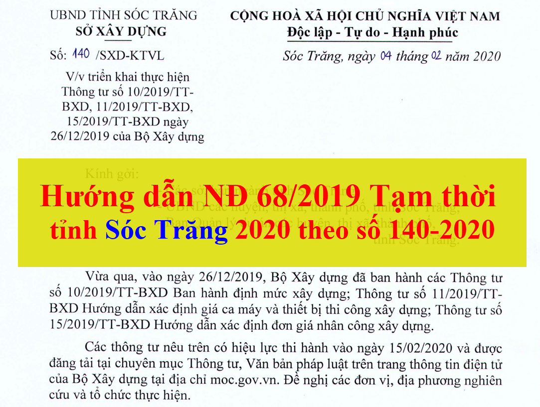 Hướng dẫn dự toán Sóc Trăng theo 140/SXD-KTVL ngày 04 tháng 02 năm 2020 cho các thông tư 10, 11, 15